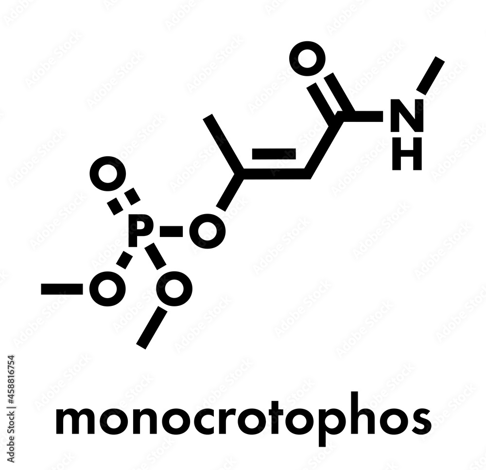 Monocrotophos organophosphate insecticide molecule. Also known to be persistent organic pollutant. Skeletal formula. Monocrotophos organophosphate insecticide molecule. Also known to be persistent organic pollutant. Skeletal formula.