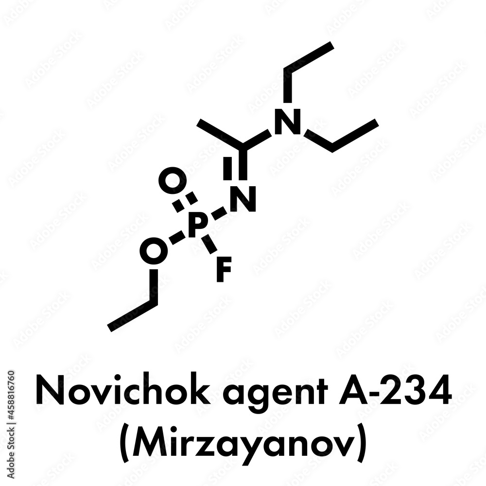 Novichok agent A-234 molecule, chemical structure as proposed by Mirzayanov. Skeletal formula. Novichok agent A-234 molecule, chemical structure as proposed by Mirzayanov. Skeletal formula.