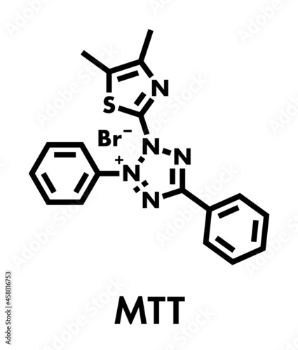 MTT yellow tetrazole dye molecule. Used in MTT assay, used to measure cytotoxicity and cell metabolic activity.  Skeletal formula.