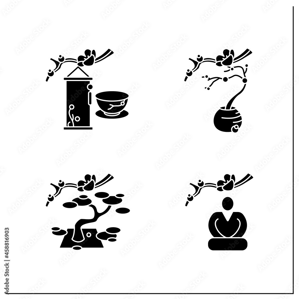 Vecteur Stock Japanese tea ceremony glyph icons set. Seiza position
