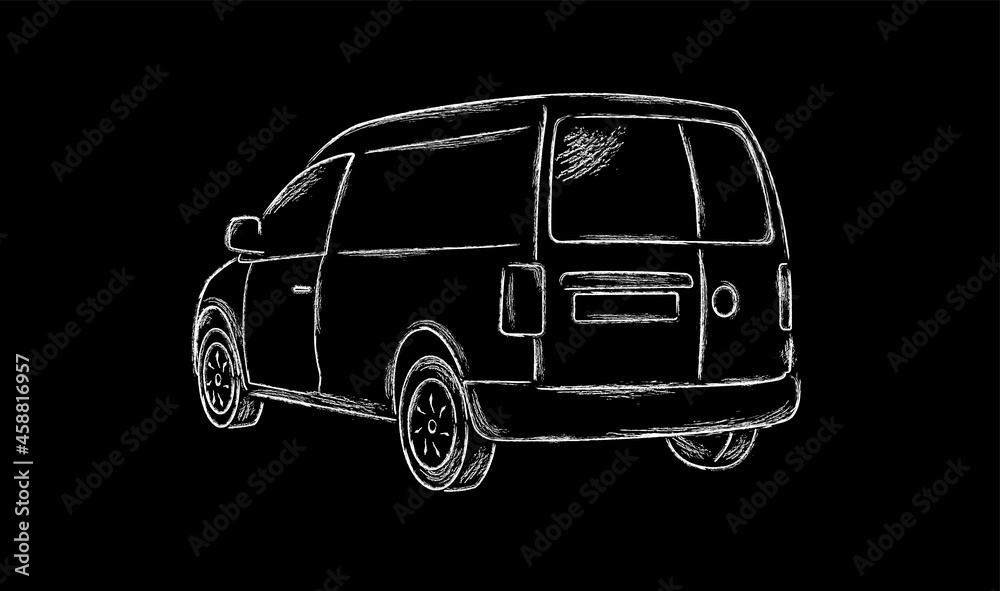 Hand drawn vector drawing of smaller delivery for delivery of goods with white chalk on a black board.