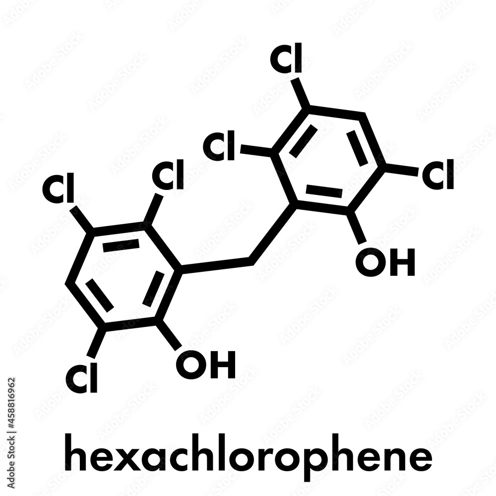 Hexachlorophene disinfectant molecule. Skeletal formula. Hexachlorophene disinfectant molecule. Skeletal formula.