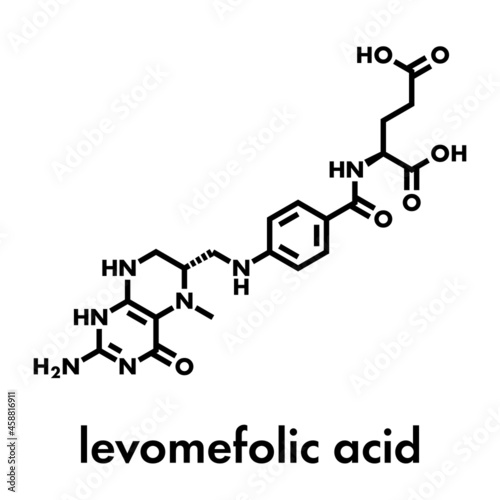 Levomefolic acid or 5-methyltetrahydrofolate molecule. Skeletal formula.