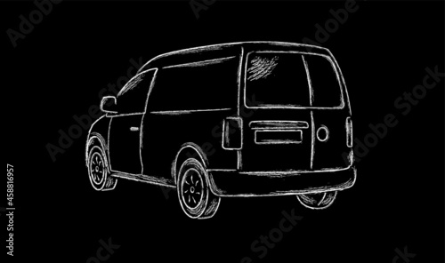 Hand drawn vector drawing of smaller delivery for delivery of goods with white chalk on a black board.