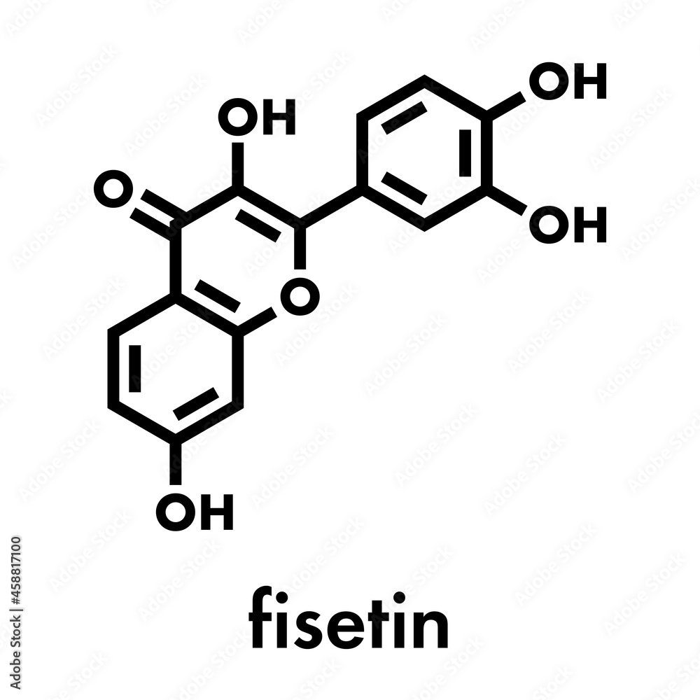 Fisetin plant polyphenol molecule. Skeletal formula. Fisetin plant polyphenol molecule. Skeletal formula.