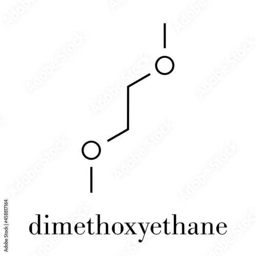 Dimethoxyethane (glyme, DME, dimethylene glycol) chemical solvent molecule. Skeletal formula. photo