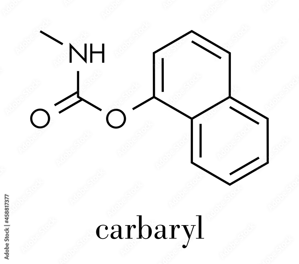 Carbaryl (carbaril) insecticide molecule (carbamate class). Skeletal formula. Carbaryl (carbaril) insecticide molecule (carbamate class). Skeletal formula.