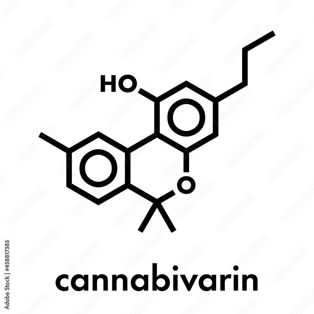 Cannabivarin or cannabivarol cannabinoid molecule. Skeletal formula. Cannabivarin or cannabivarol cannabinoid molecule. Skeletal formula.