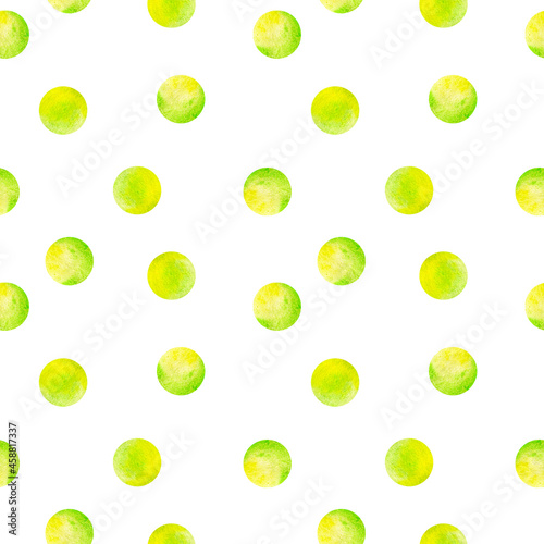 Seamless watercolor pattern with green polka dot. Spotted illustration for wallpapers, pattern, background, print, decor, design, textures, textiles, fabrics, templates