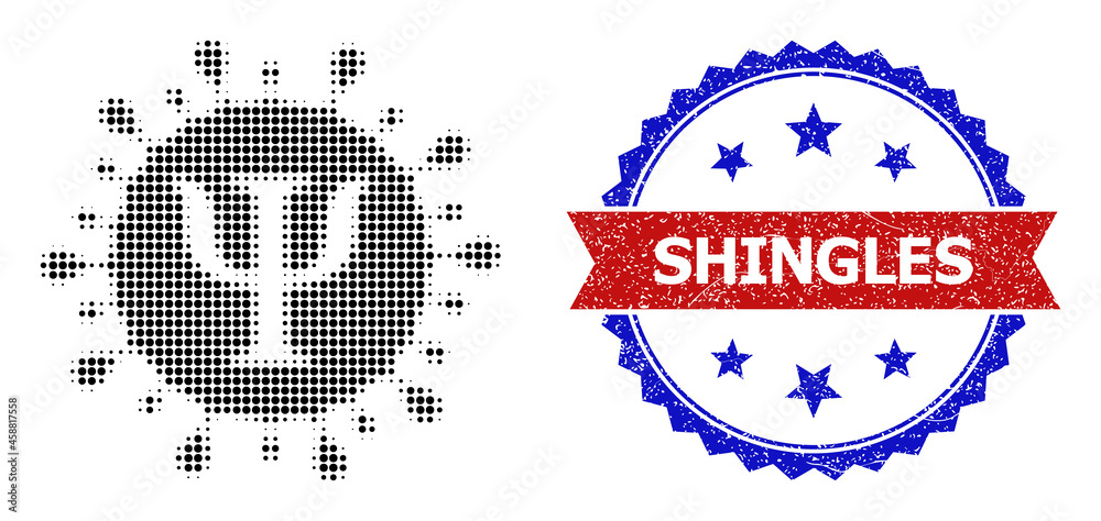 Halftone Psi covid virus icon, and bicolor dirty Shingles seal stamp. Halftone Psi covid virus icon is generated with small round pixels. Vector seal with corroded bicolored style, Halftone Psi covid virus icon, and bicolor dirty Shingles seal stamp. Halftone Psi covid virus icon is generated with small round pixels. Vector seal with corroded bicolored style,