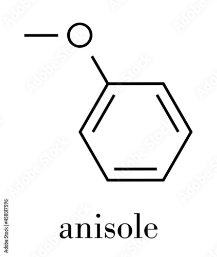 Anisole chemical molecule. Used in fragrances and as chemical precursor. Skeletal formula.
