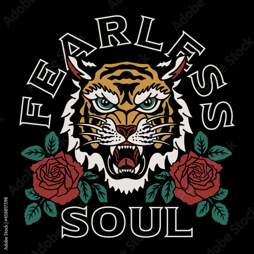 Tiger with Roses Illustration with A Slogan Artwork on Black Background for Apparel or Other Uses
