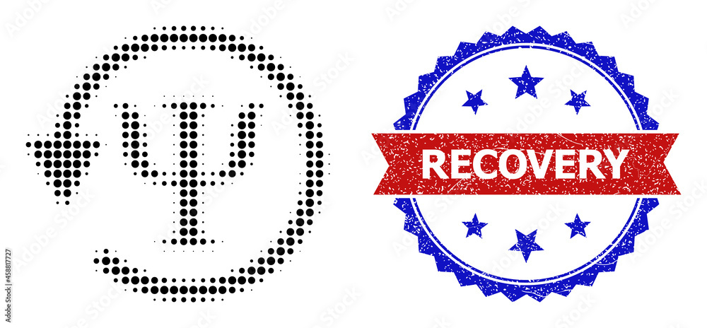 Halftone psychology recovery icon, and bicolor grunge Recovery stamp. Halftone psychology recovery icon is made with small round pixels. Vector watermark with grunge bicolored style, Halftone psychology recovery icon, and bicolor grunge Recovery stamp. Halftone psychology recovery icon is made with small round pixels. Vector watermark with grunge bicolored style,