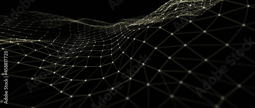 Wave form of dots and lines. Abstract mesh. 3D rendering.