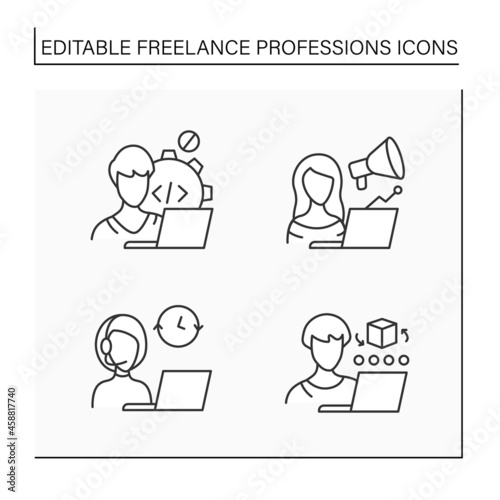 Freelance professions line icons set. Web developer, marketologist, admin support, CAD artist. Distance jobs. Online work. Careers concept. Isolated vector illustration. Editable stroke