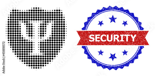 Fototapeta Naklejka Na Ścianę i Meble -  Halftone Psychology shield icon, and bicolor unclean Security watermark. Halftone Psychology shield icon is made with small spheric pixels. Vector watermark with corroded bicolored style,