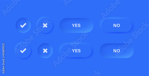 checkmark icon button in blue neumorphism buttons - tick and cross icons symbols in modern neumorphic circle with blue background - ui ux user interface for apps and website photo