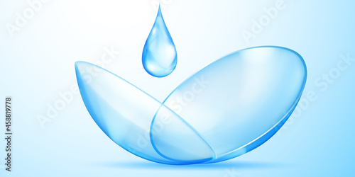 Realistic translucent contact lenses in light blue color and one big water drop
