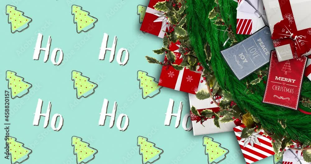 Animation of fir tree branches and gifts over ho ho text Animation of fir tree branches and gifts over ho ho text