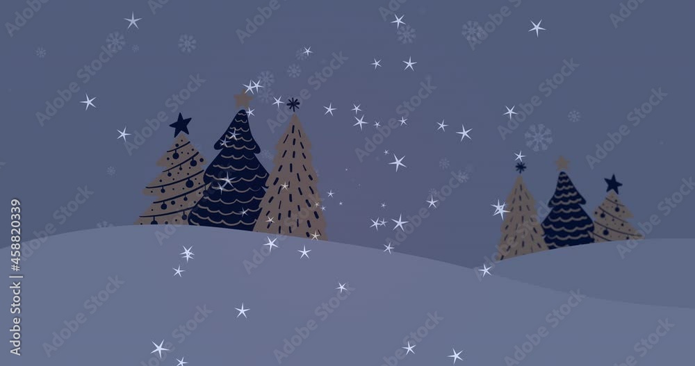 Animation of stars falling over fir trees on dark background Animation of stars falling over fir trees on dark background