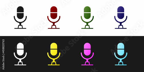 Set Microphone voice device icon isolated on black and white background. Microphone interpreter and alphabet letters. Vector