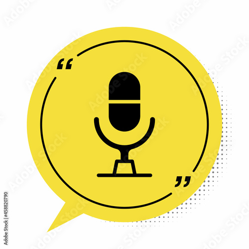 Black Microphone voice device icon isolated on white background. Microphone interpreter and alphabet letters. Yellow speech bubble symbol. Vector