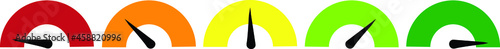 Set of five customer satisfaction meters ranging from bad to good. Measurement, dials, gauge.