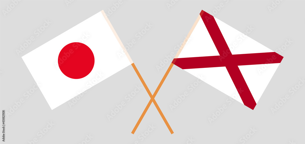 Crossed flags of Japan and The State of Alabama. Official colors. Correct proportion Crossed flags of Japan and The State of Alabama. Official colors. Correct proportion