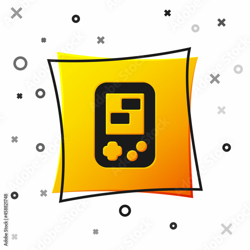 Black Portable tetris electronic game icon isolated on white background. Vintage style pocket brick game. Interactive playing device. Yellow square button. Vector