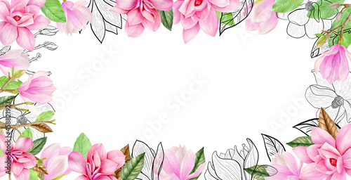 Wallpaper Mural Watercolor and outline graphics. Hand painted rectangular floral frame with pink magnolia flowers isolated on white background. Perfect for invitations, wedding design, postcards Torontodigital.ca