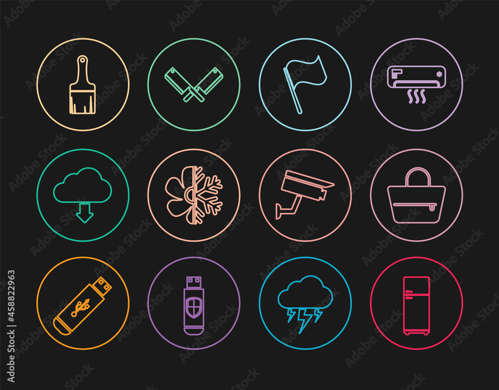 Set line Refrigerator, Handbag, Flag, Air conditioner, Cloud download, Paint brush, Security camera and Crossed meat chopper icon. Vector Set line Refrigerator, Handbag, Flag, Air conditioner, Cloud download, Paint brush, Security camera and Crossed meat chopper icon. Vector
