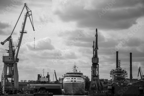 Ship moored on the quay of the repair shipyard in Gdańsk
