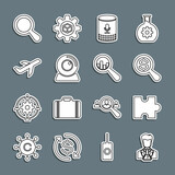 Set line Scientist and test tube, Piece of puzzle, Magnifying glass dollar, Voice assistant, Web camera, Plane, and analysis icon. Vector
