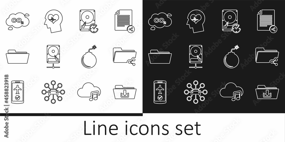 Set line Folder download, Share folder, Hard disk drive with clockwise, on sharing network, CO2 emissions cloud, Bomb ready to explode and Head heartbeat icon. Vector