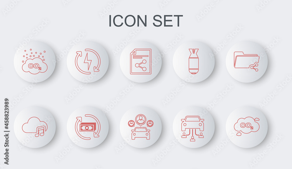 Set line CO2 emissions in cloud, Music streaming service, Share file, Car sharing, Recharging, Refund money and icon. Vector Set line CO2 emissions in cloud, Music streaming service, Share file, Car sharing, Recharging, Refund money and icon. Vector