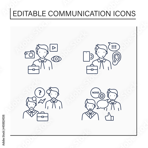 Effective communication line icons set. Visual communication, active listening, choosing right medium, misunderstanding. Intercourse concept. Isolated vector illustrations.Editable stroke