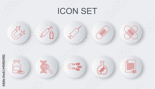Set line Paper page with eye, Medicine bottle and pills, Syringe, DNA research, search, Magnet lightning, Medical syringe vial, and money icon. Vector