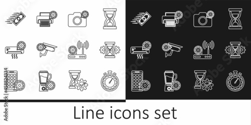 Set line Time management setting, Hourglass, Photo camera, Security, Air conditioner, Fast payments, Router and wi-fi and Printer icon. Vector