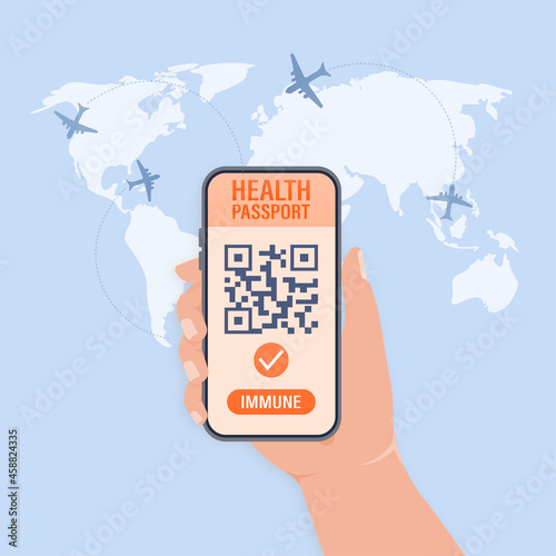 Mobile phone with immune digital health passport for covid-19. Green icon. Isometric concept. Covid pcr test vector icon. Vector isometric illustration.
