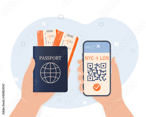 Line ticket. 3d isometric illustration cell phone. Online booking service vector illustration.