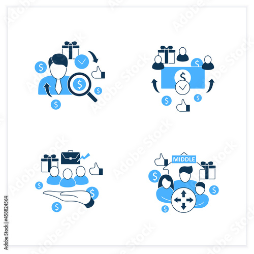 Universal basic income flat icons set. Dilative class, supporting workers, universal payment, individual payment.Global economy concept. Vector illustrations
