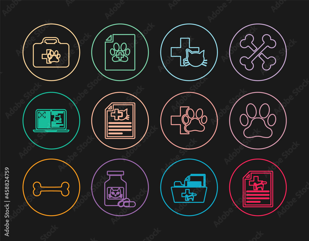 Set line Medical certificate for dog or cat, Paw print, Veterinary clinic, Clinical record on laptop, Pet first aid kit, and icon. Vector Set line Medical certificate for dog or cat, Paw print, Veterinary clinic, Clinical record on laptop, Pet first aid kit, and icon. Vector