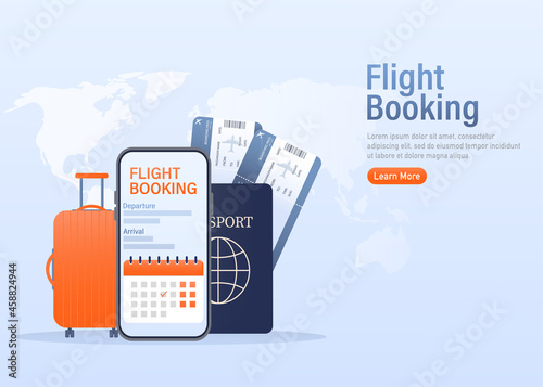 Flyer design for promotion design. Flight tickets online booking illustration landing page. Flat design vector illustration. Travel vector icon.