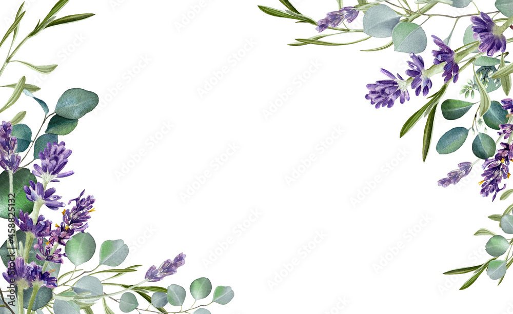 Watercolor eucalyptus leaves and purple lavender flower. Botanical frame, Greenery branches. Rustic design. Template. Wedding invitation. Floral wreath. Provence illustration. Isolated on white - obrazy, fototapety, plakaty 
