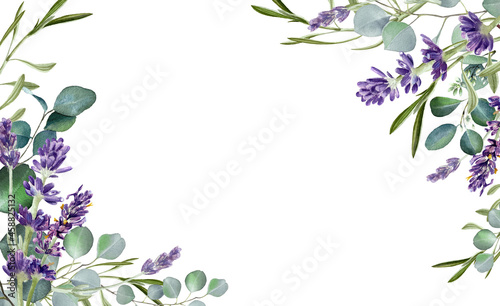 Watercolor eucalyptus leaves and purple lavender flower. Botanical frame, Greenery branches. Rustic design. Template. Wedding invitation. Floral wreath. Provence illustration. Isolated on white photo