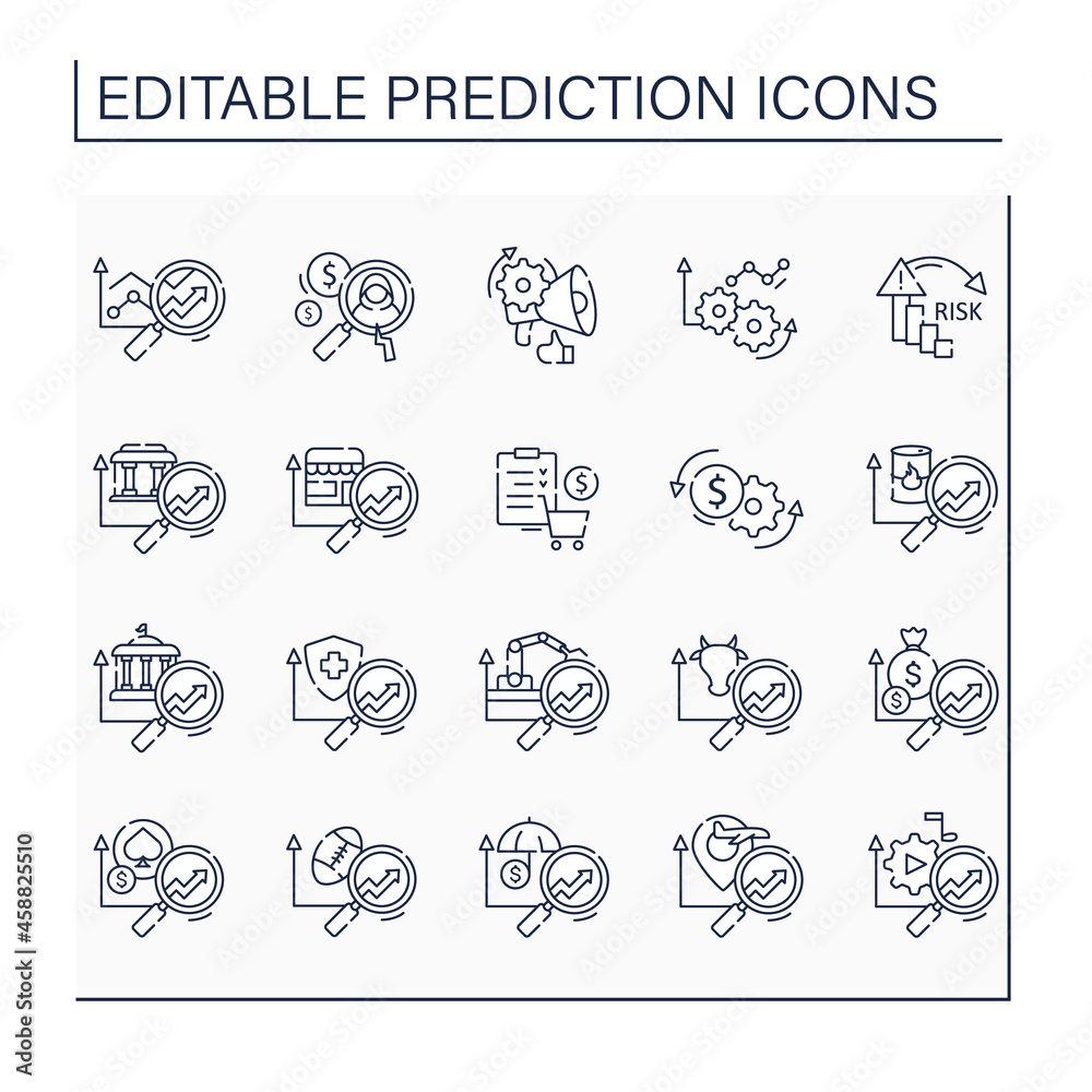 Predictive analytics line icons set. Collating historical, real-time data about customers. Influencing investments. Business predicting concept.Isolated vector illustrations.Editable stroke