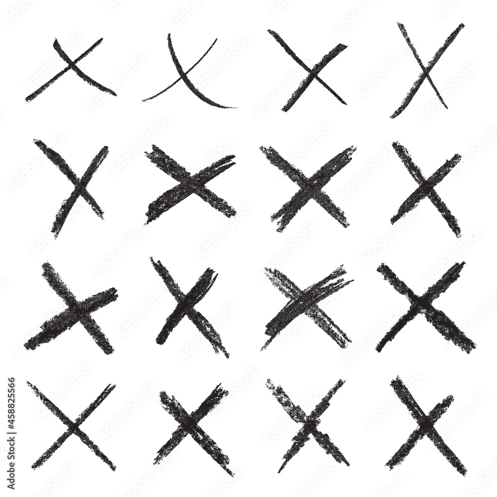 Crossing Lines. Collection Of 16 Handwritten X Marks (Line Through, Reject Signs, Etc.)  Scribbled in Chalk or Very Soft Pencil. Grunge Texture in Several Layers in the Vector Isolated on a White Back