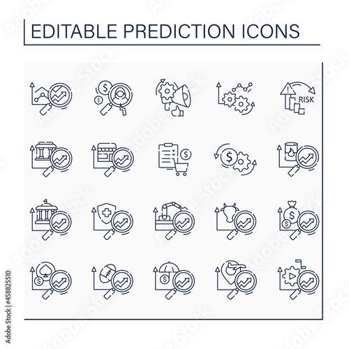 Predictive analytics line icons set. Collating historical, real-time data about customers. Influencing investments. Business predicting concept.Isolated vector illustrations.Editable stroke