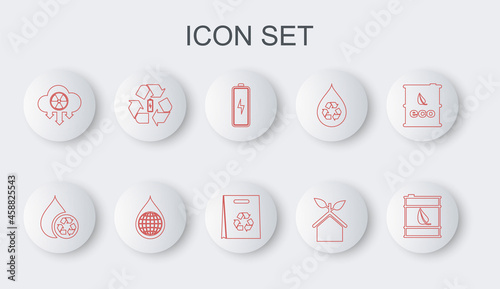 Set line Bio fuel barrel, Recycle clean aqua, Battery, Eco friendly house, Acid rain and radioactive cloud, with recycle, Earth planet water drop and Shopping bag icon. Vector
