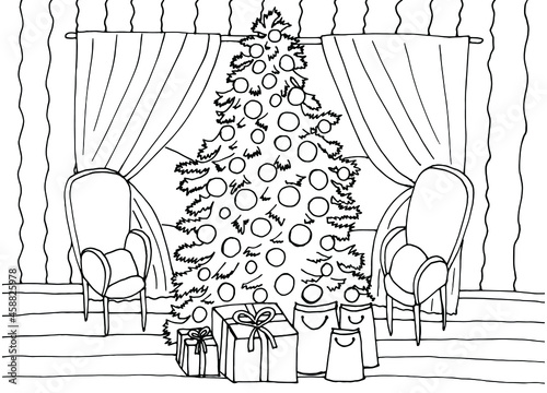Christmas living room coloring page. Cozy home interior outline vector illustration. Big Christmas tree, armchair, window, curtains, gift boxes, presents.